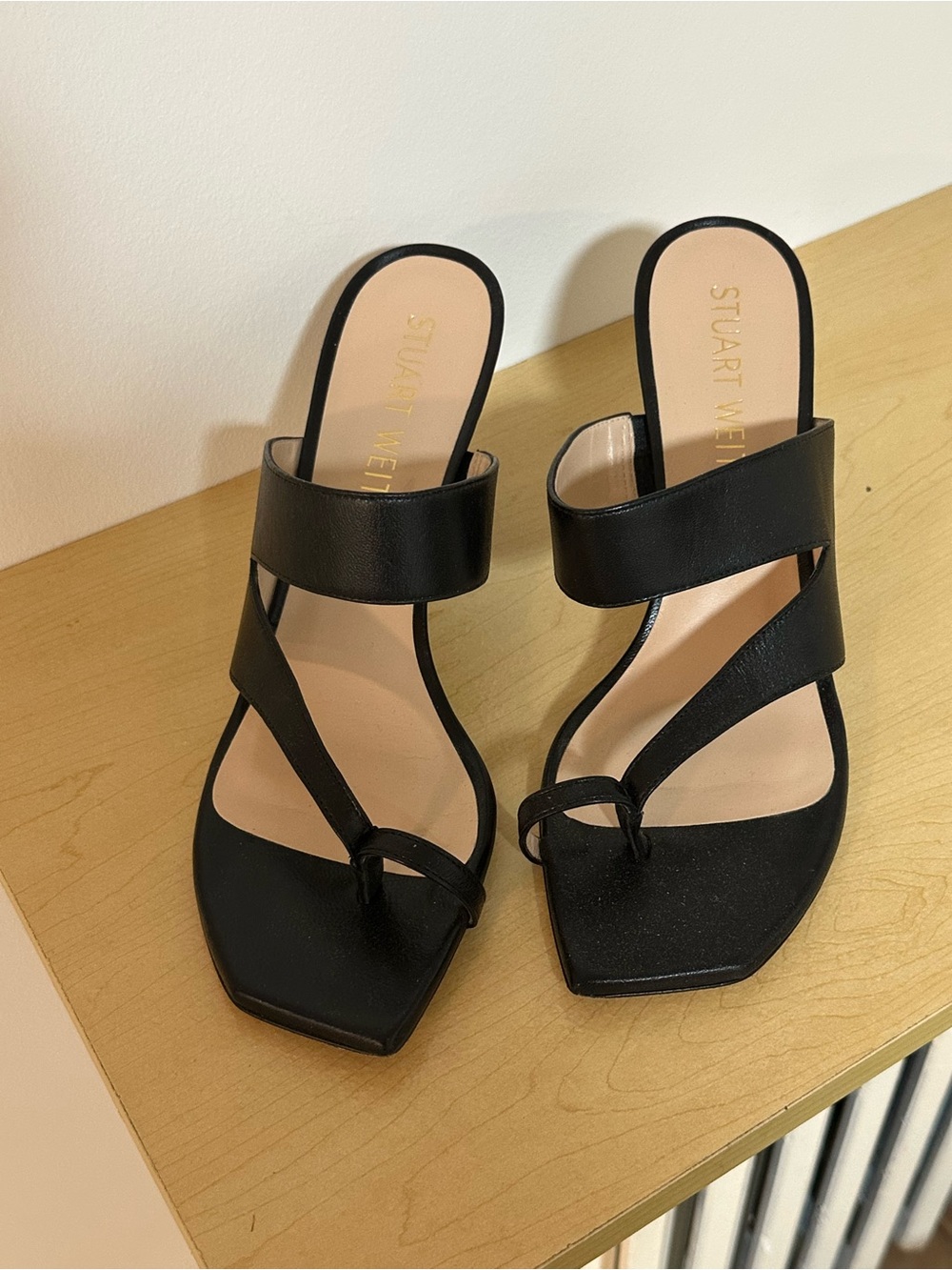 Stuart Weitzman Black Leather Strappy Toe-Ring Slide Heels
